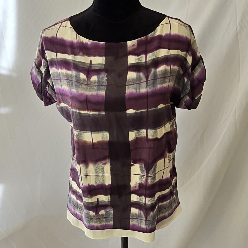 alice+olivia women XS silk watercolor 3/4 zipper blouse short sleeve boho Career